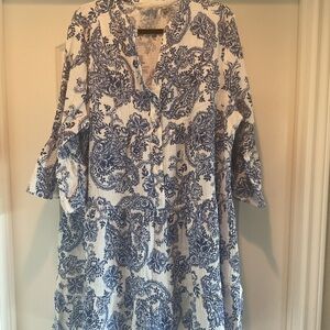 Soft Surroundings Blue and White Paisley Button-Front Tunic Dress XL
